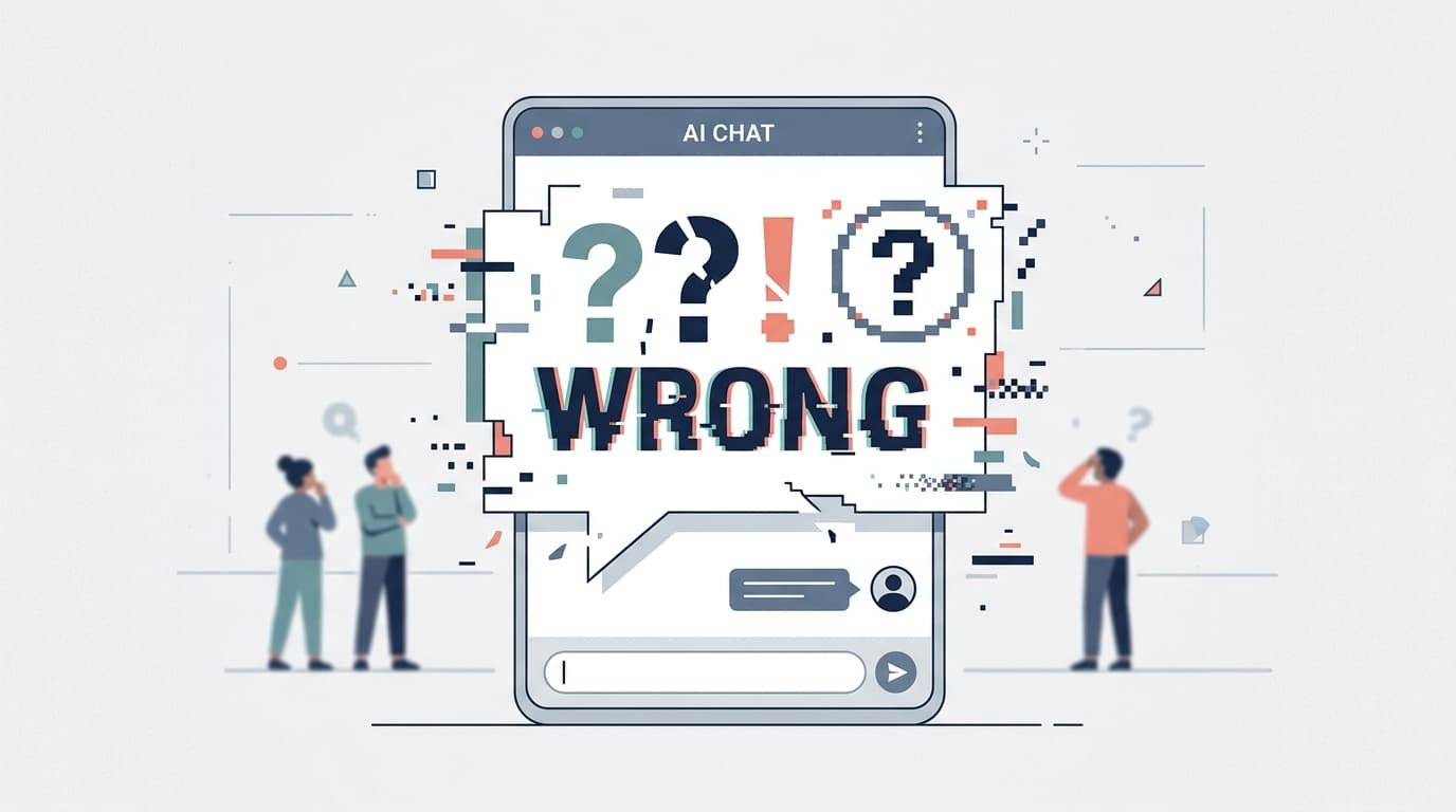A minimalist vector illustration showing a chat interface with a glitching 'WRONG' error message, depicting AI hallucination.