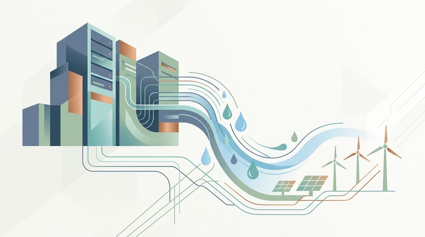 A minimalist vector illustration showing data center server racks transitioning into cooling water droplets, digital circuits, and clean energy lines.