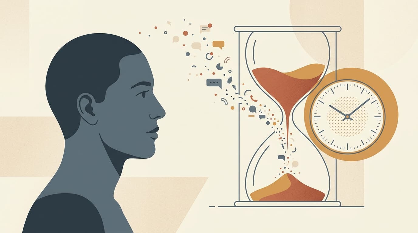 A minimalist vector illustration showing a contemplative human profile beside an analog clock and an hourglass dissolving into floating notifications.