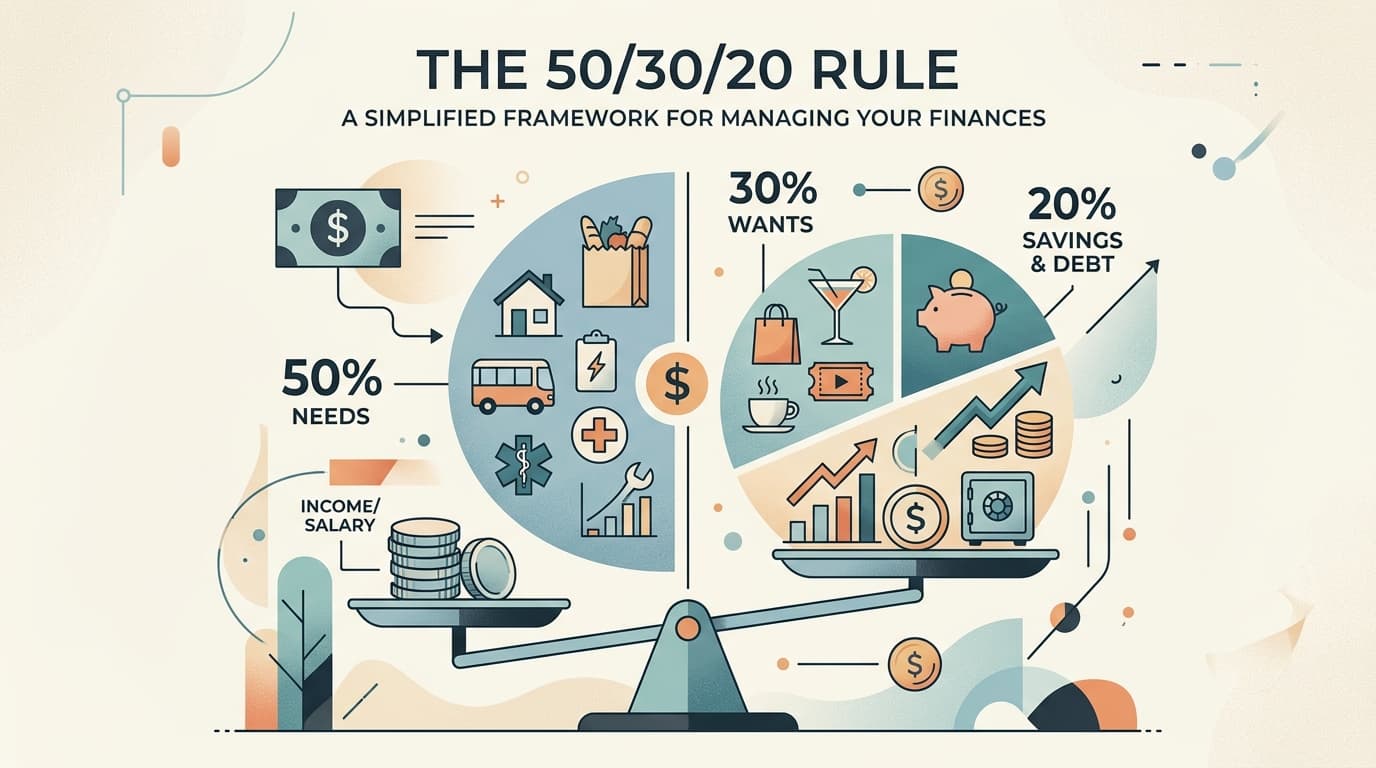A minimalist vector illustration showing a pie chart and scales balancing needs, wants, and savings.