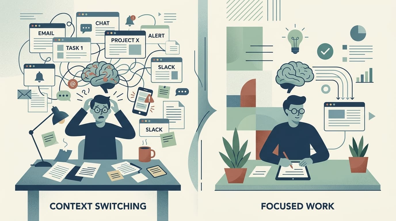 A minimalist vector illustration contrasting a chaotic, multitasking brain with a calm, focused workflow.