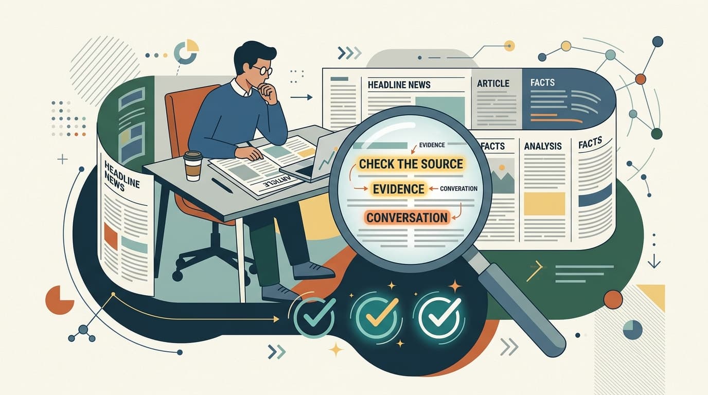 A minimalist vector illustration showing a magnifying glass checking facts on a news article.