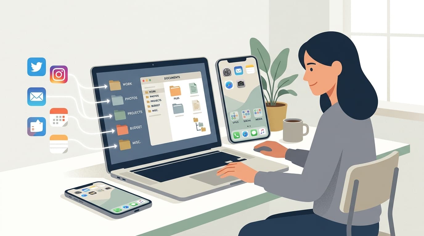 A minimalist vector illustration showing a person organising apps and files on a laptop and phone.