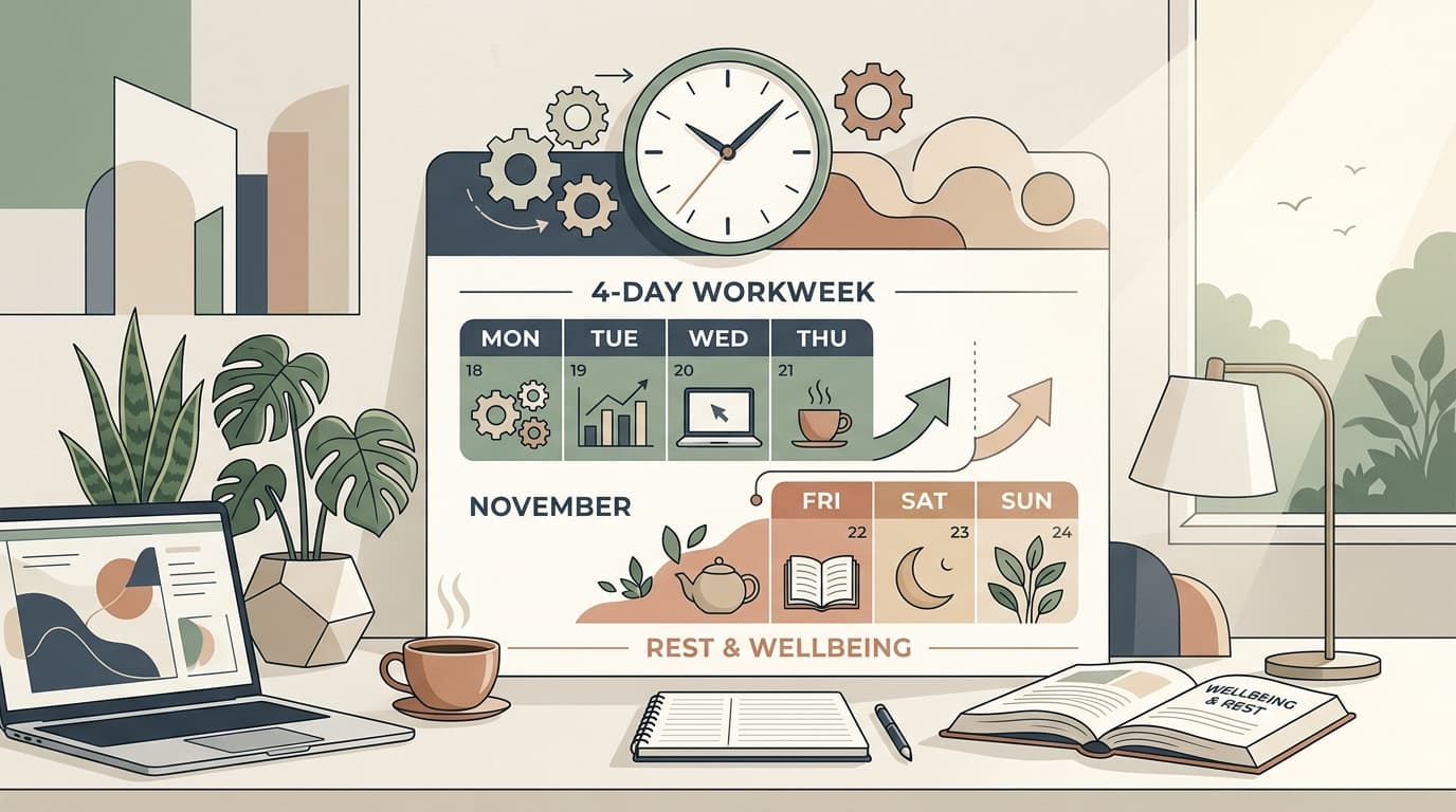 A minimalist vector illustration showing an office calendar highlighting a four-day schedule with clock gears and rest balance.