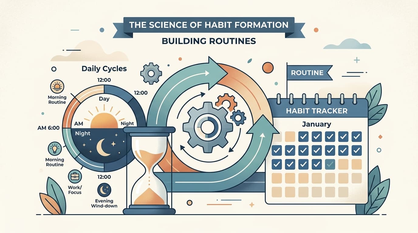 A minimalist vector illustration showing daily cycles, an hourglass, and a calendar representing habit formation routines.