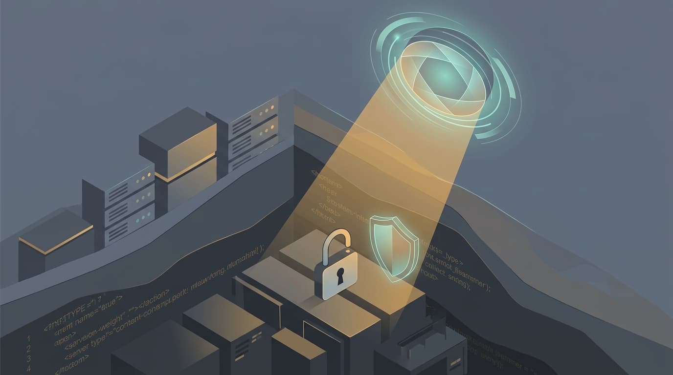A minimalist vector illustration showing an AI digital lens scanning through ancient code layers and server blocks, revealing an unlocked padlock and a protective shield.