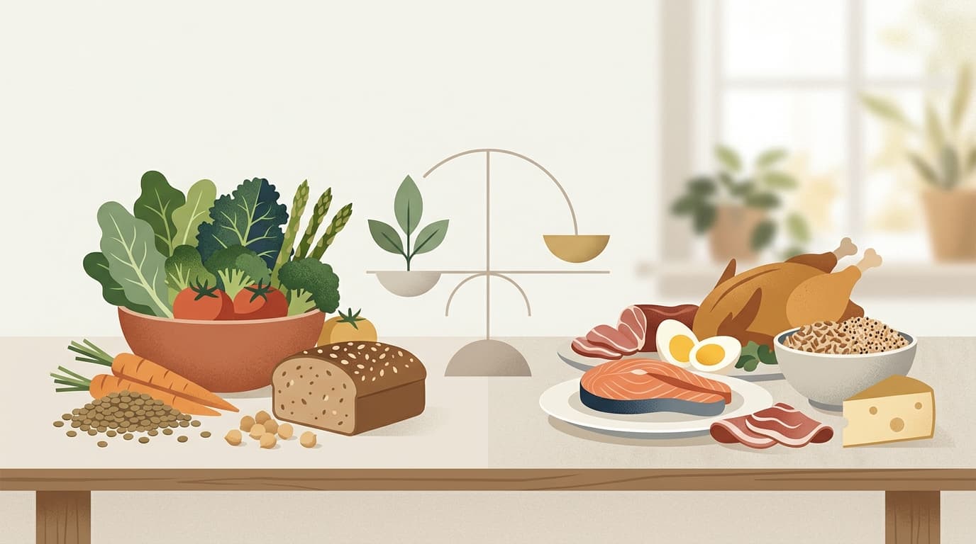A minimalist vector illustration showing a harmonious balance between plant-based and omnivorous whole foods with an abstract scale of equilibrium.