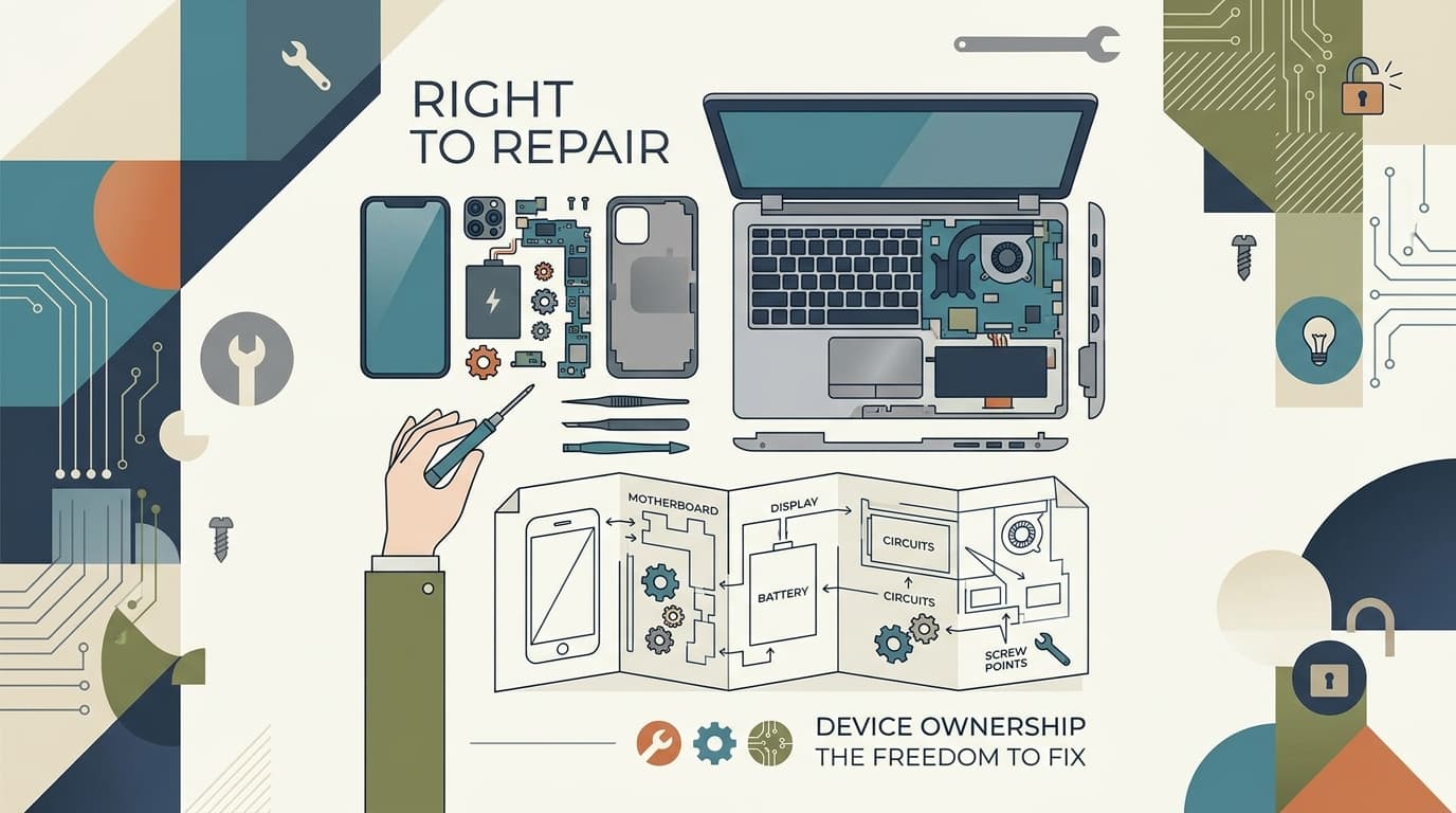 A minimalist vector illustration showing an open smartphone and laptop with schematics and repair tools.