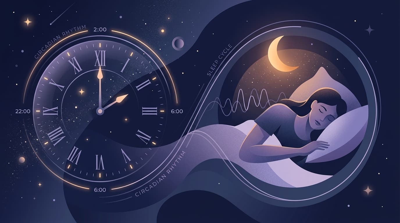 A minimalist vector illustration showing a sleeping figure with circadian clock elements and brainwaves in deep blue tones.