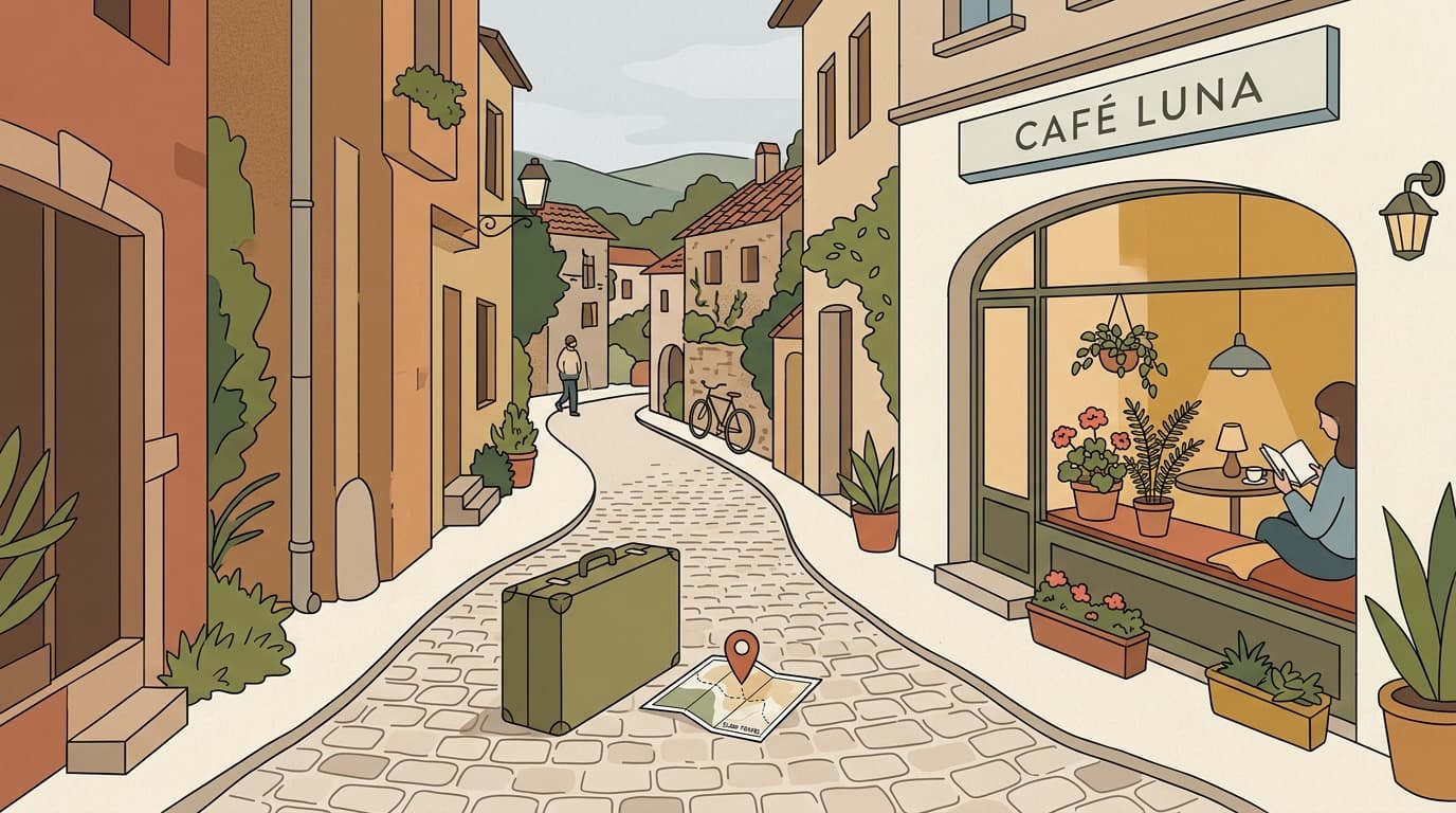 A cozy cobblestone street with a single suitcase and a map, representing the slow travel philosophy.